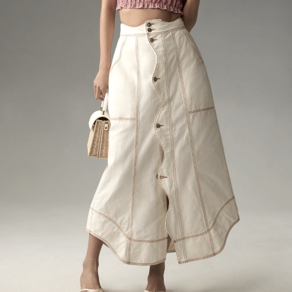 Anthropology Farm Rio Denim Scalloped Maxi Skirt